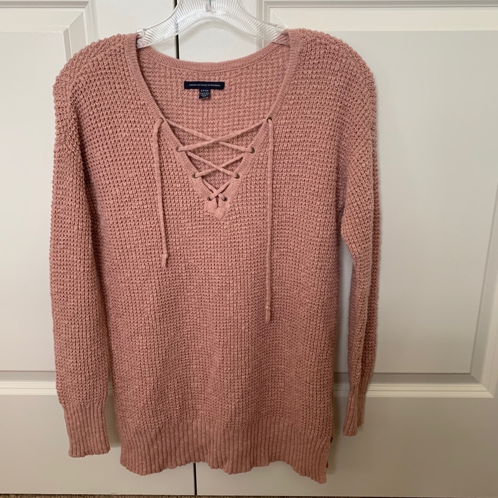 American Eagle Lace Up V Chunky Knit Cozy Sweater